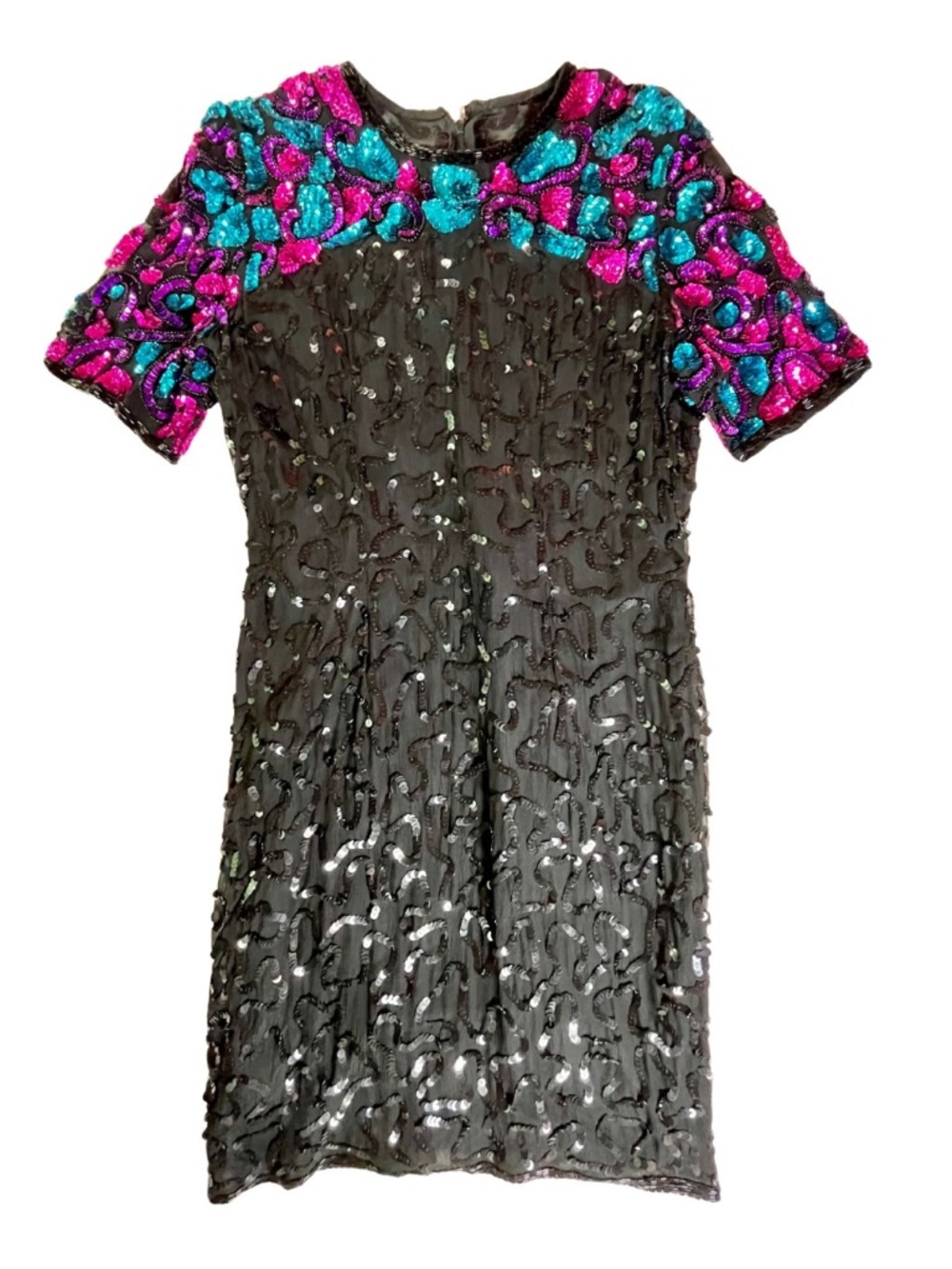 Vintage 80s Sequin Silk Short Sleeve Cocktail Party Dress Black Purple Turquoise